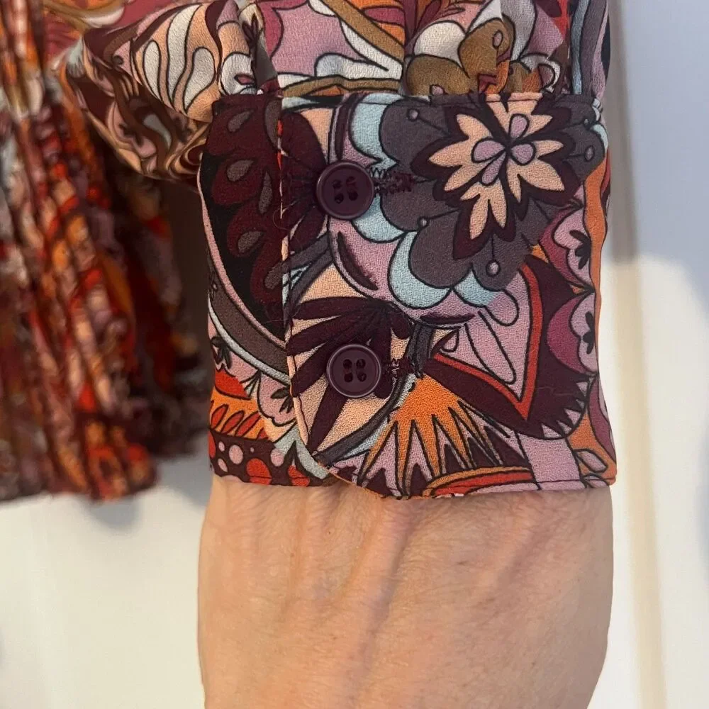 Floral & Ivy Pleated Belted Mixed Print Blouse drape flowy long sleeve Small - Picture 9 of 11